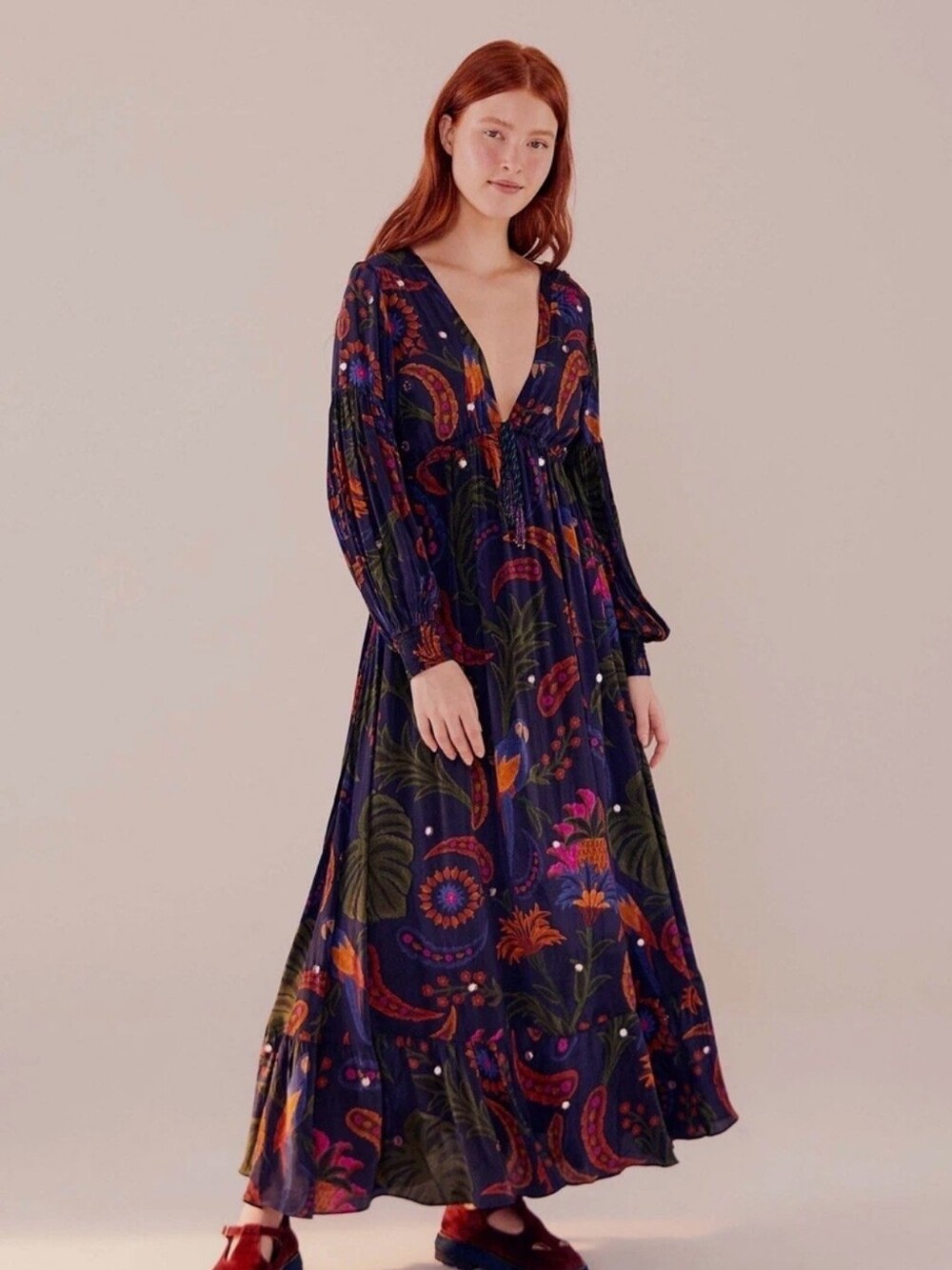 New Farm Rio Navy Tropical Floral Paisley Tapestry Balloon Sleeve Maxi Dress XS